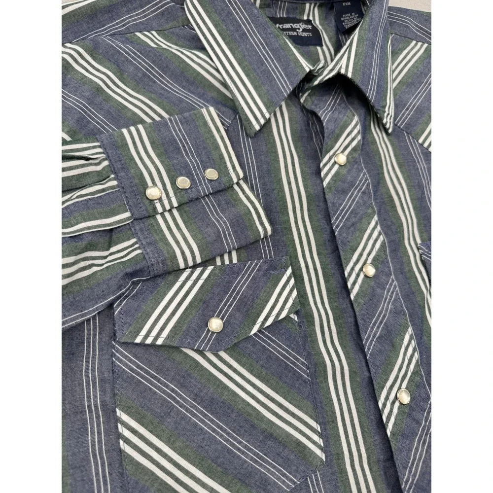 Wrangler Pearl Snap Western Shirt Mens XL 17x35 Striped Blue/Green Long Sleeve